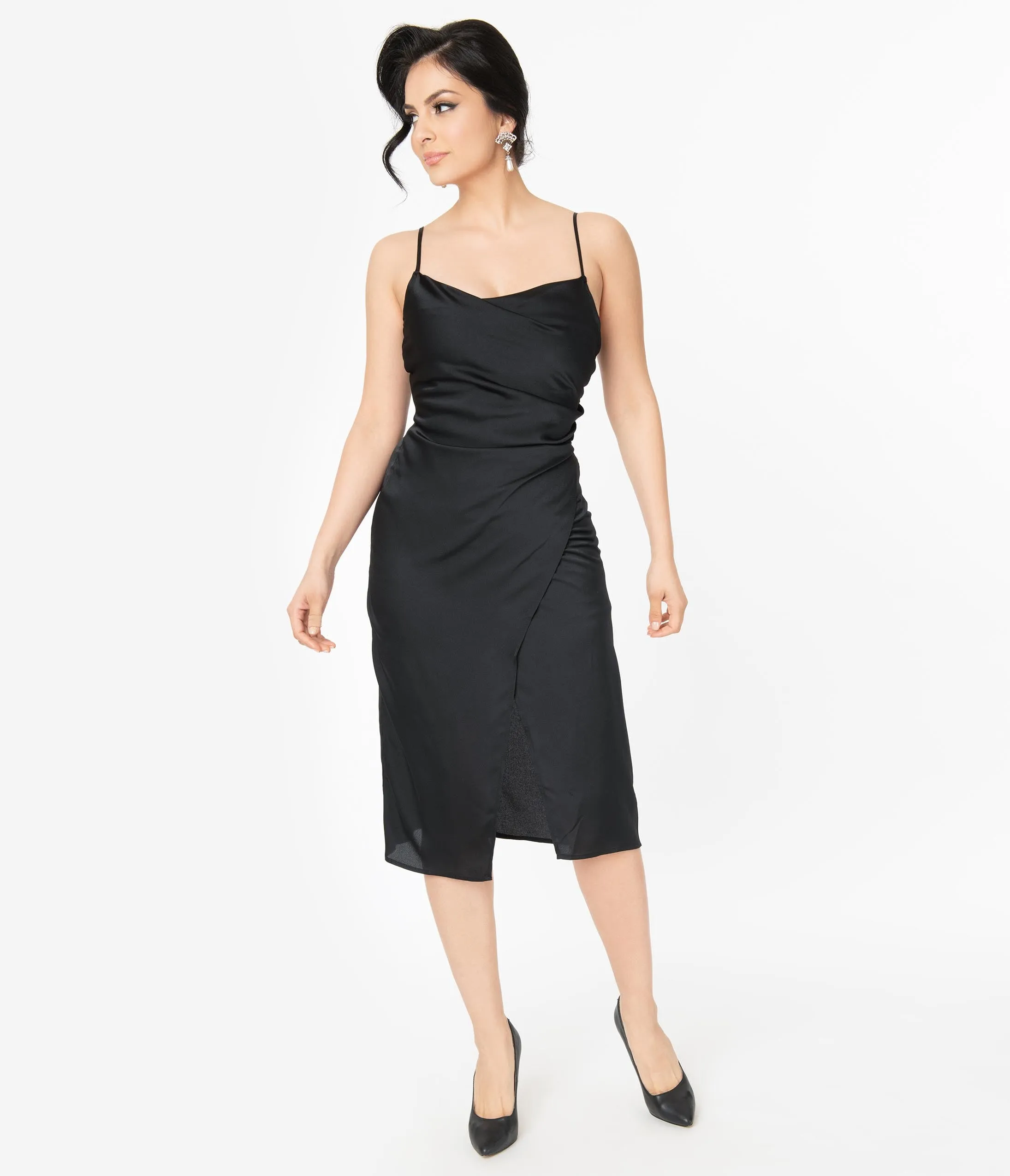 1920s Black Spaghetti Strap Slip Dress