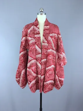 1950s Vintage Silk Haori Kimono Cardigan Jacket / Red Shibori