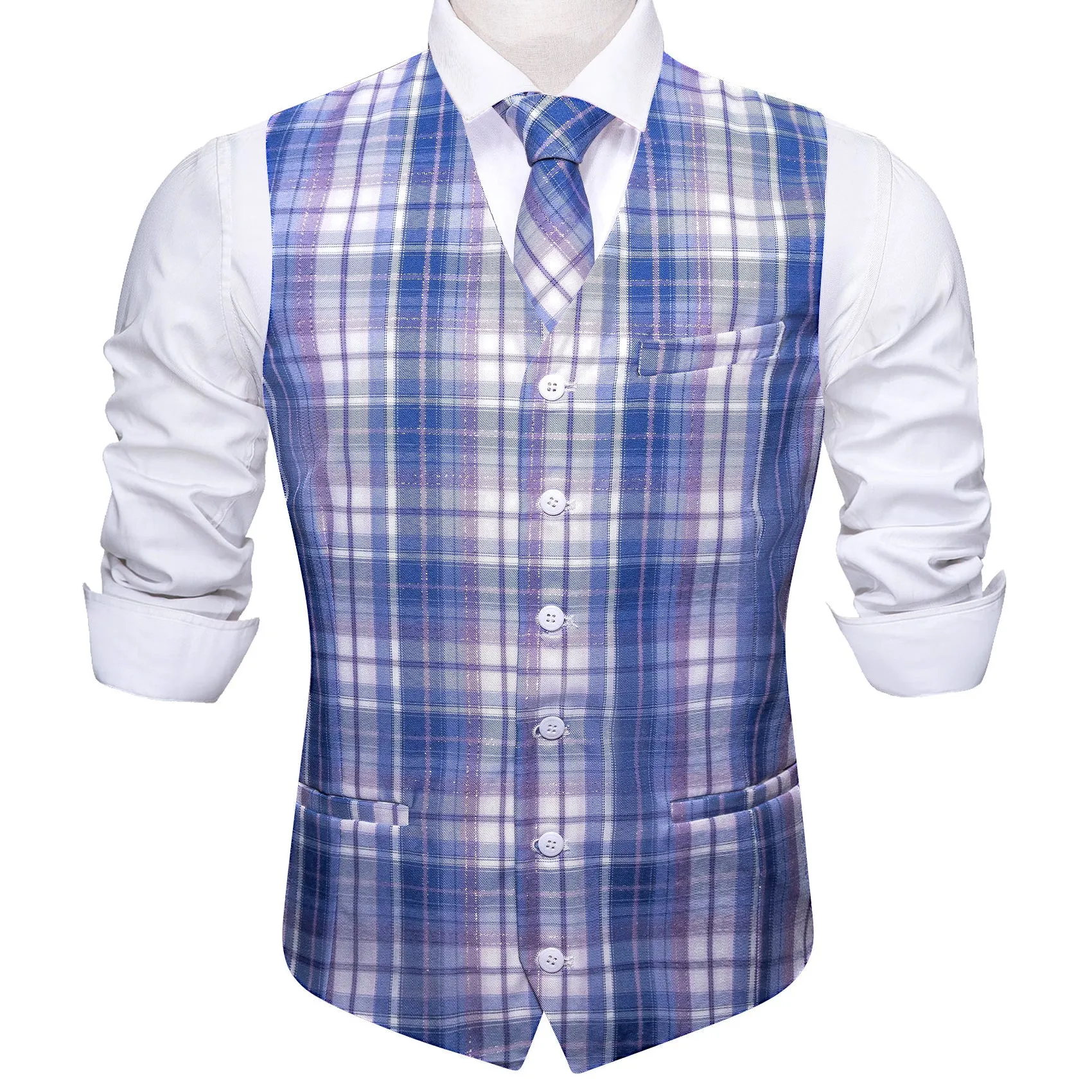 2PCS Blue White Plaid Jacquard Men's Vest Tie Set