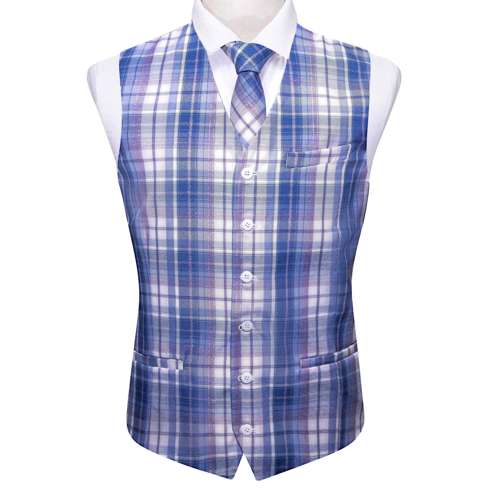 2PCS Blue White Plaid Jacquard Men's Vest Tie Set