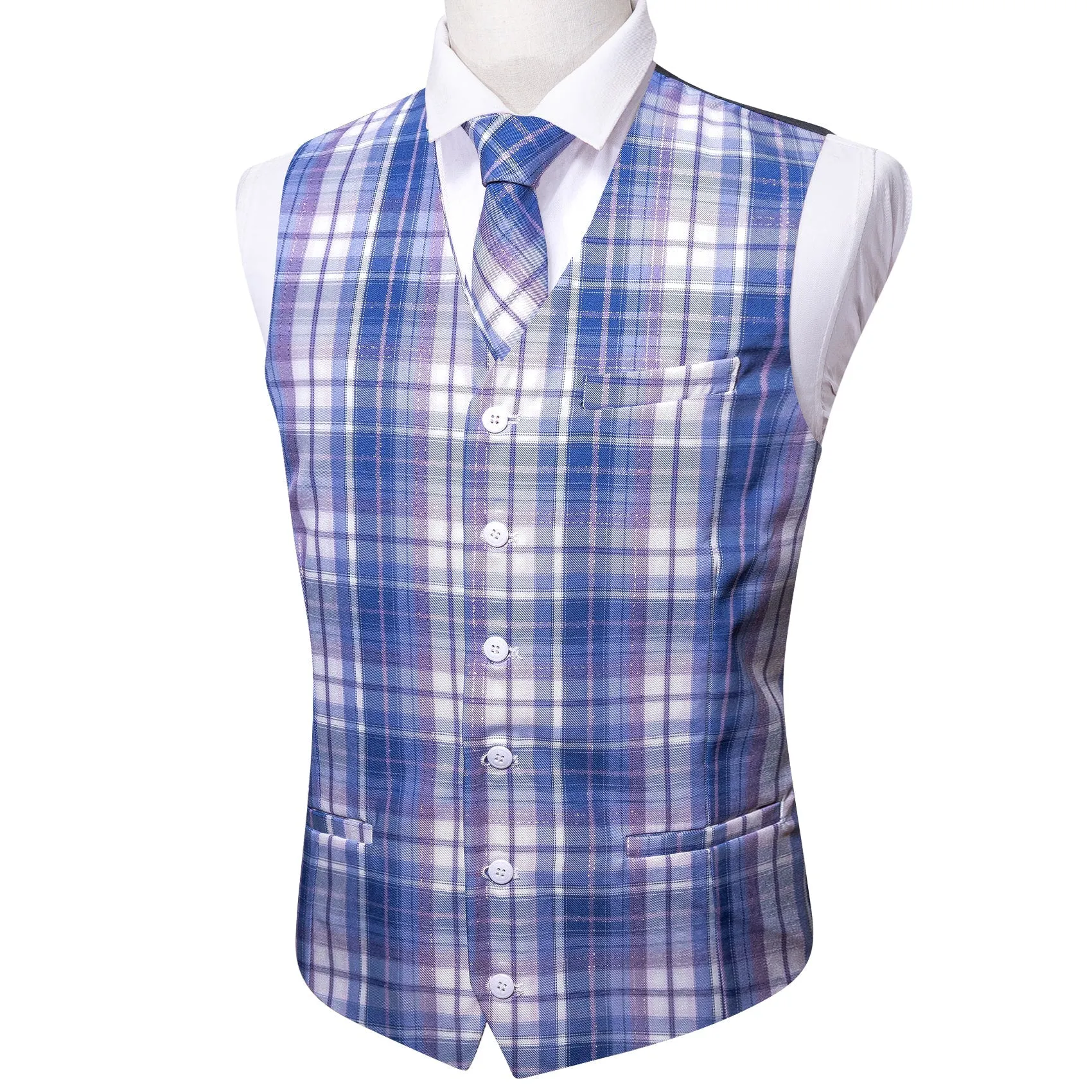 2PCS Blue White Plaid Jacquard Men's Vest Tie Set