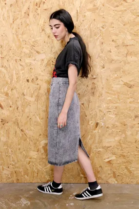 80s Grey Stonewash Denim Midi Skirt