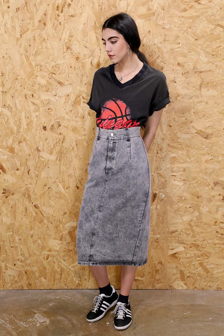 80s Grey Stonewash Denim Midi Skirt