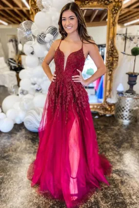 A Line V Neck Backless Burgundy Lace Long Prom Dress, Long Burgundy Lace Formal Evening Dress