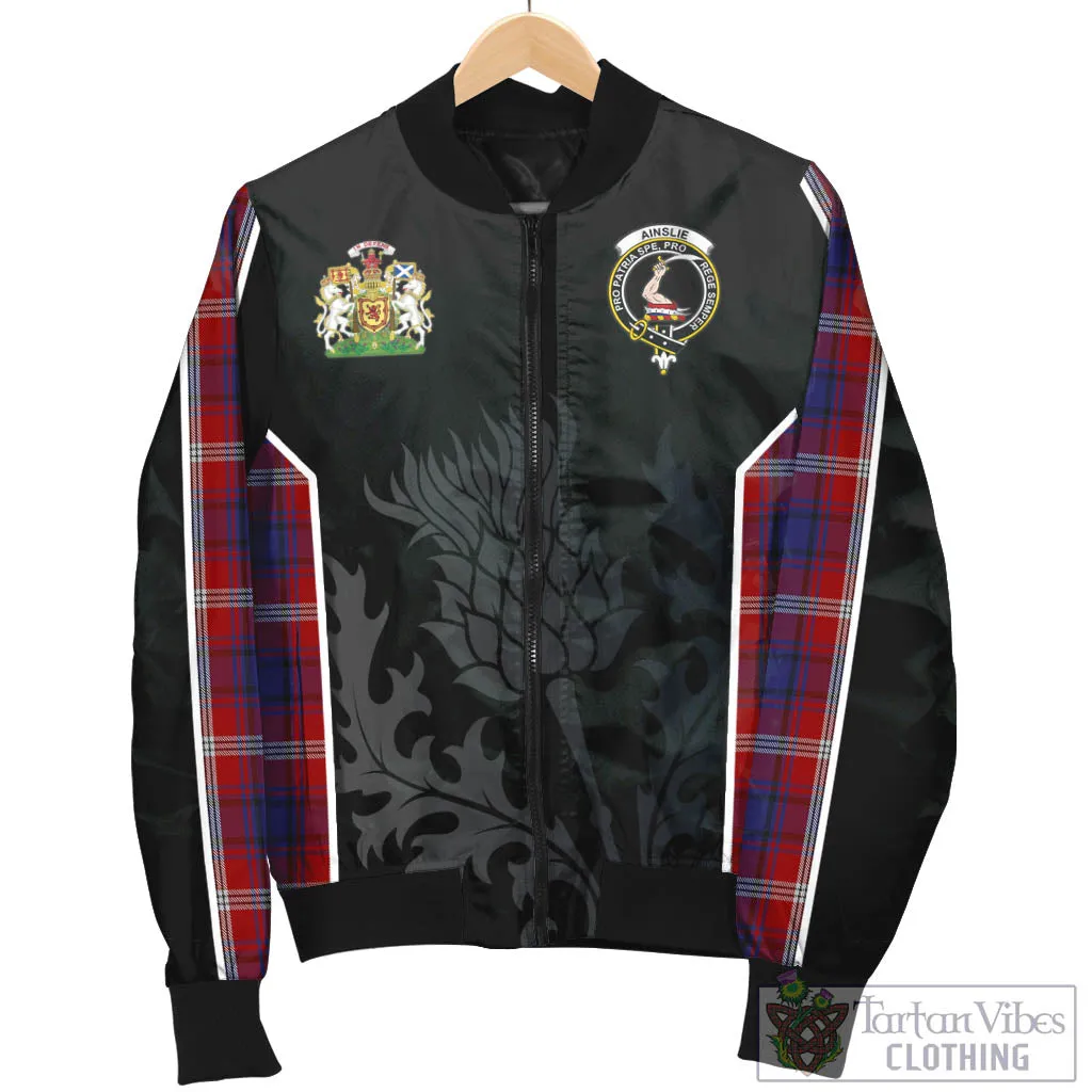 Ainslie Tartan Bomber Jacket with Family Crest and Scottish Thistle Vibes Sport Style