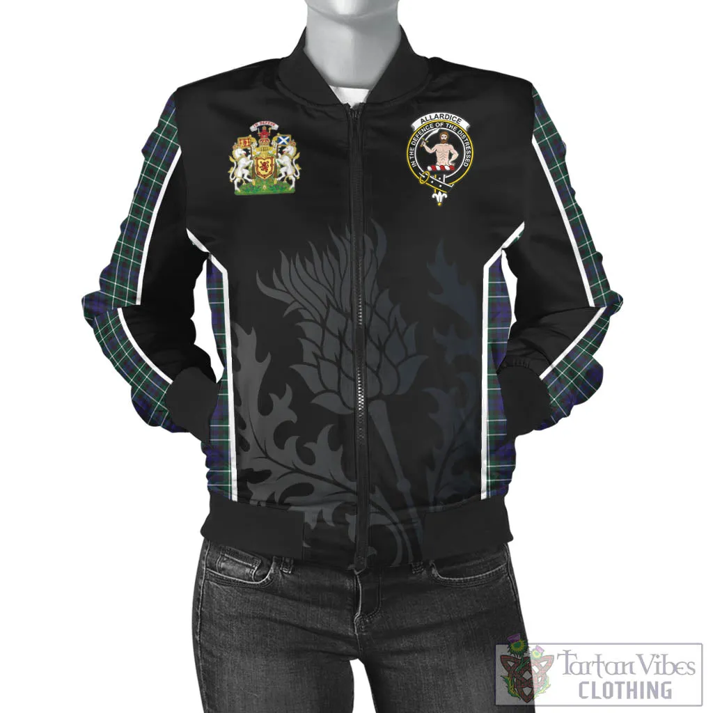 Allardice Tartan Bomber Jacket with Family Crest and Scottish Thistle Vibes Sport Style