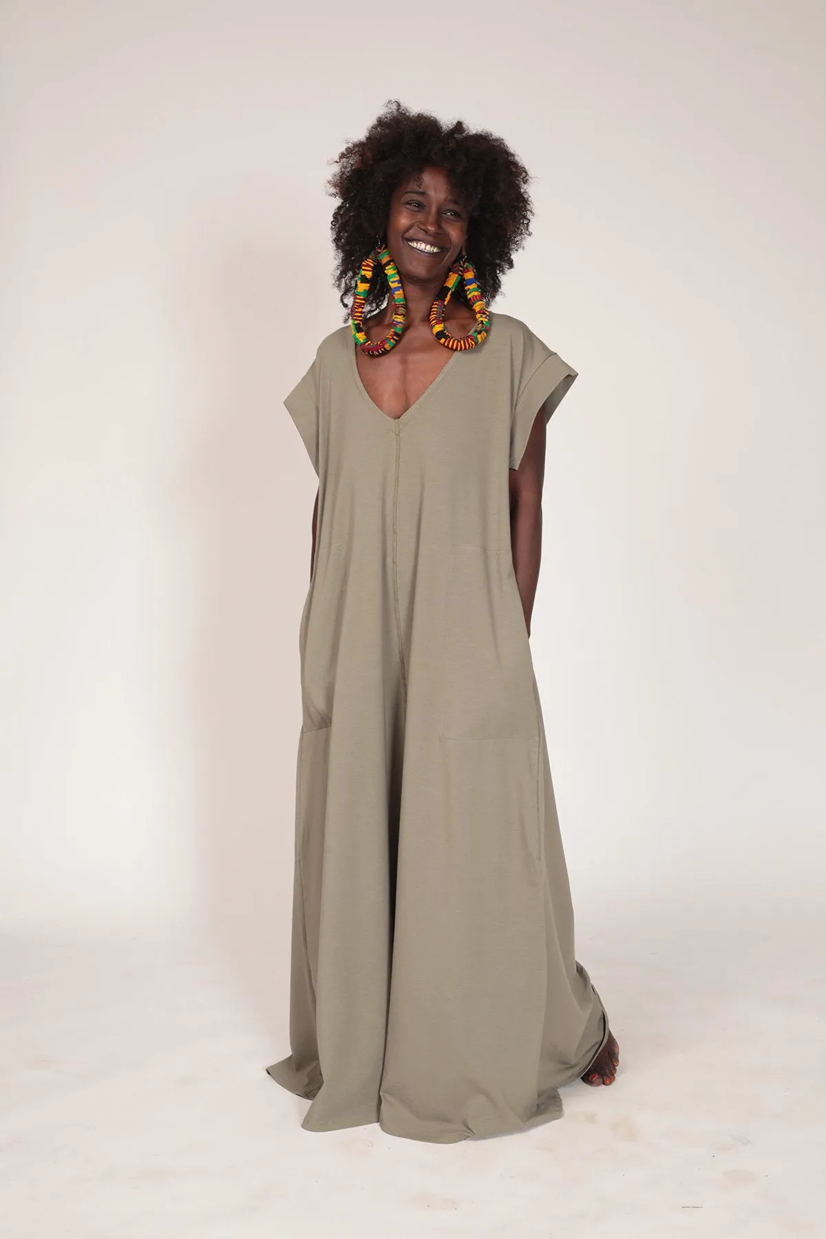 Almond Green Maxi Dress with Pockets