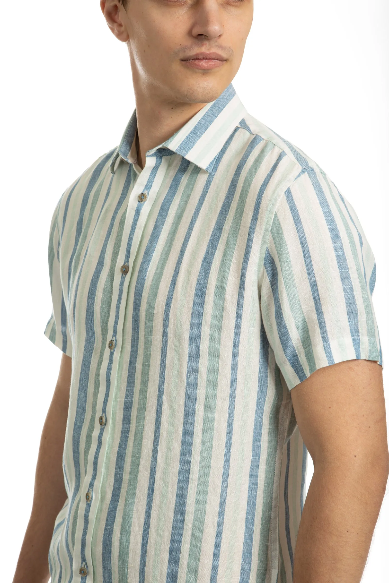 Aqua Short Sleeve Stripe Linen Shirt