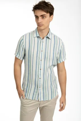 Aqua Short Sleeve Stripe Linen Shirt