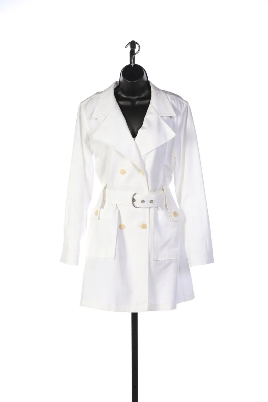 Armani Collezioni White Double Breasted Button Down Trench Coat w/ Belt