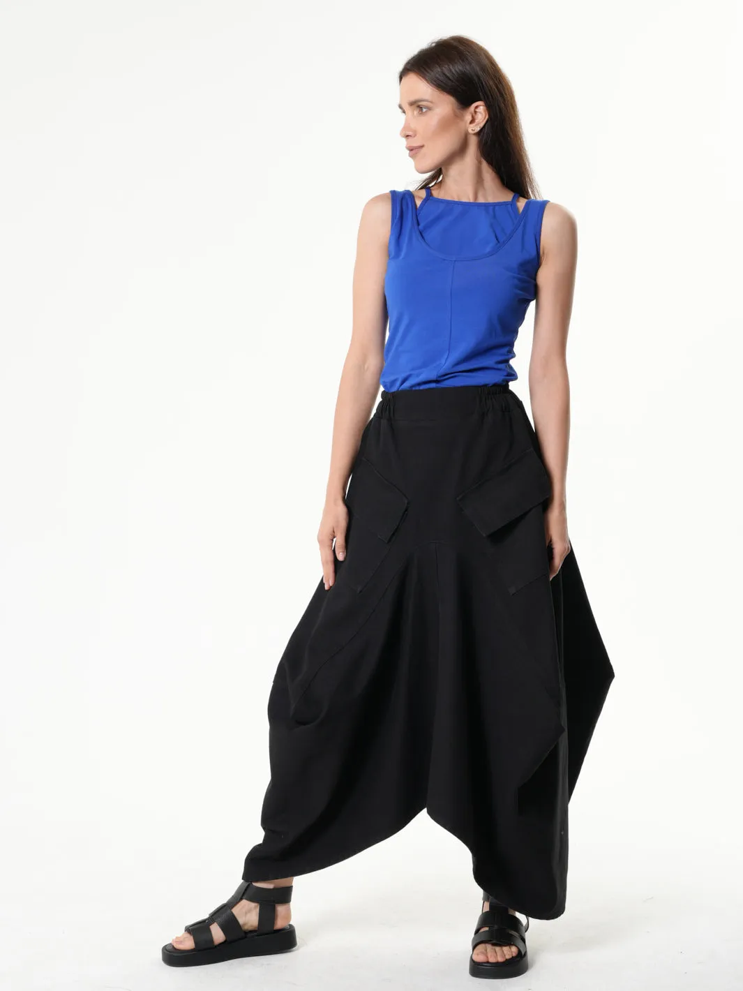 Asymmetrical Long Denim Skirt In Black