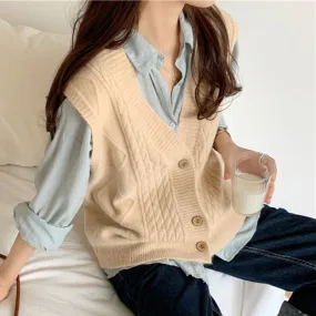 Autumn Women Vest Sweater Loose Fashion V Neck Single Breasted Korean Sleeveless Knitted Cardigan Solid Casual Ladies Tops