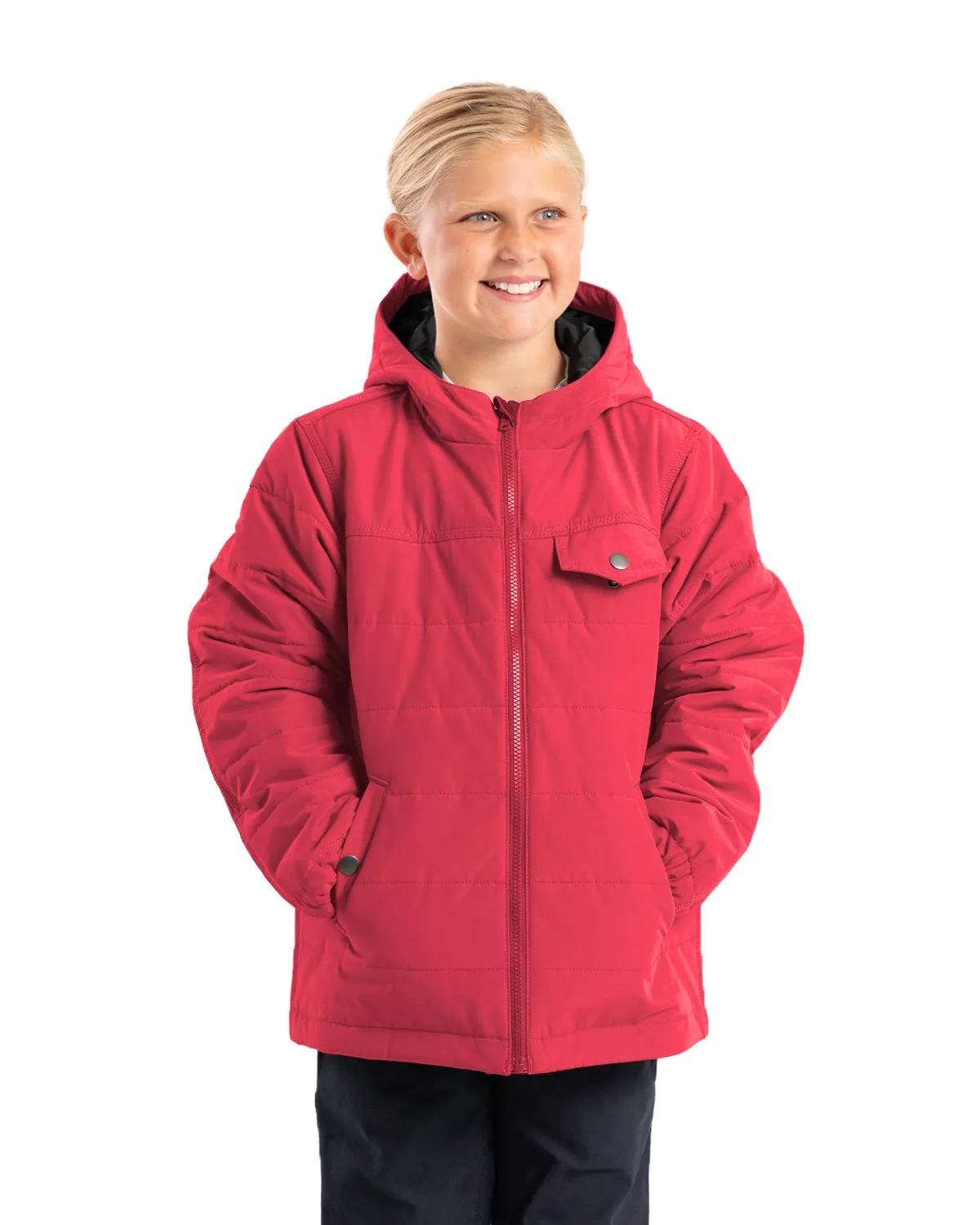 Berne Youth Girls Softstone Micro-Duck Hooded Dark Watermelon Cotton Blend Coat