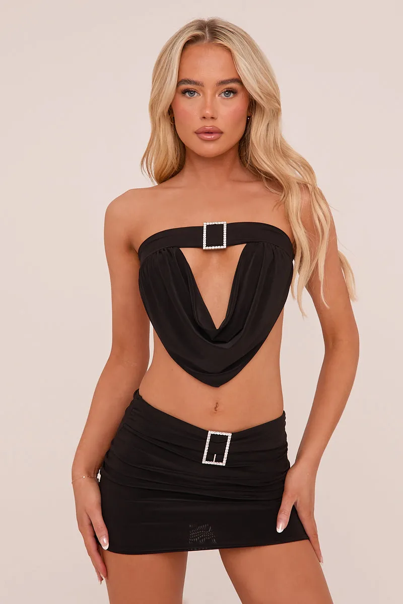 Black Buckle Detail Cropped Top & Mini Skirt Co-ord Set - Charlotte