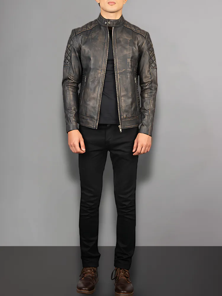 Black Cafe Racer Motorcycle Leather Jacket