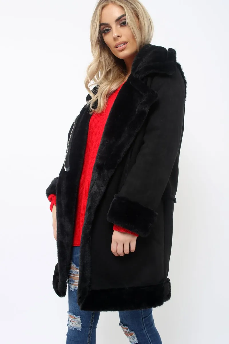 Black Long Faux Shearling Coat - Chai