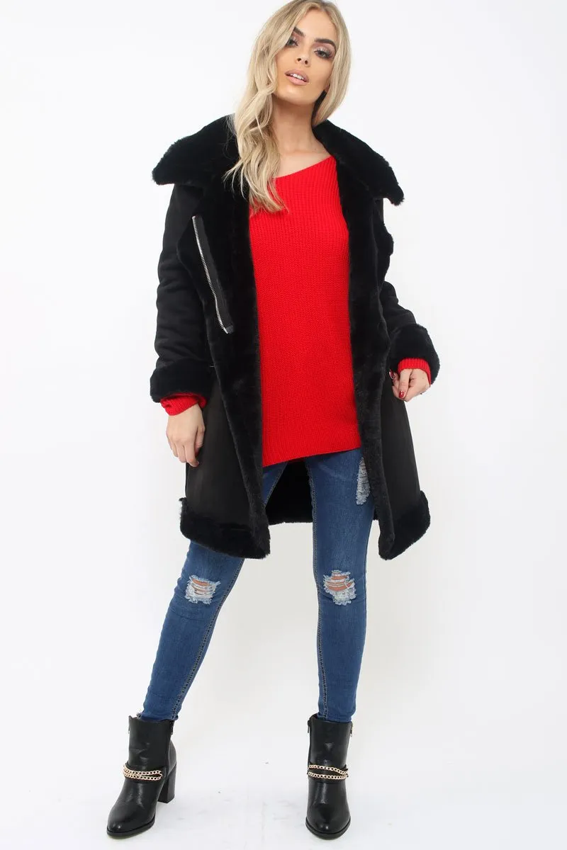 Black Long Faux Shearling Coat - Chai