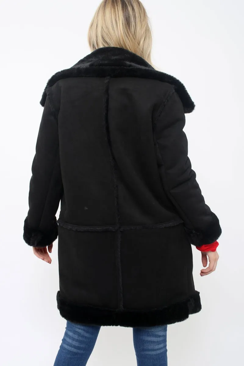 Black Long Faux Shearling Coat - Chai