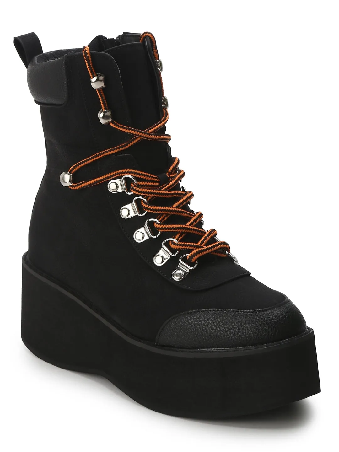 Black Nubuck PU Flatform Lace-up Ankle Boots