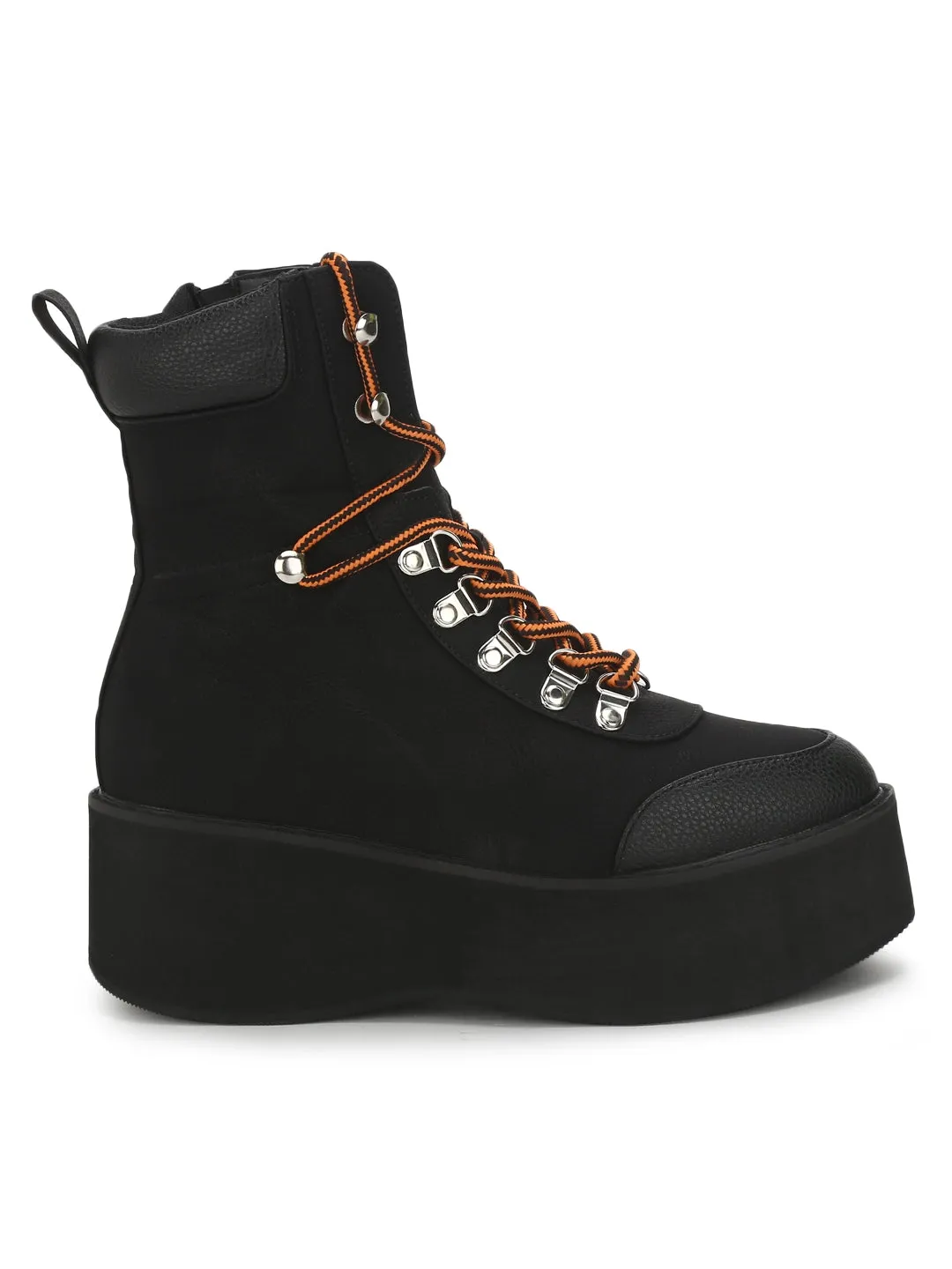 Black Nubuck PU Flatform Lace-up Ankle Boots