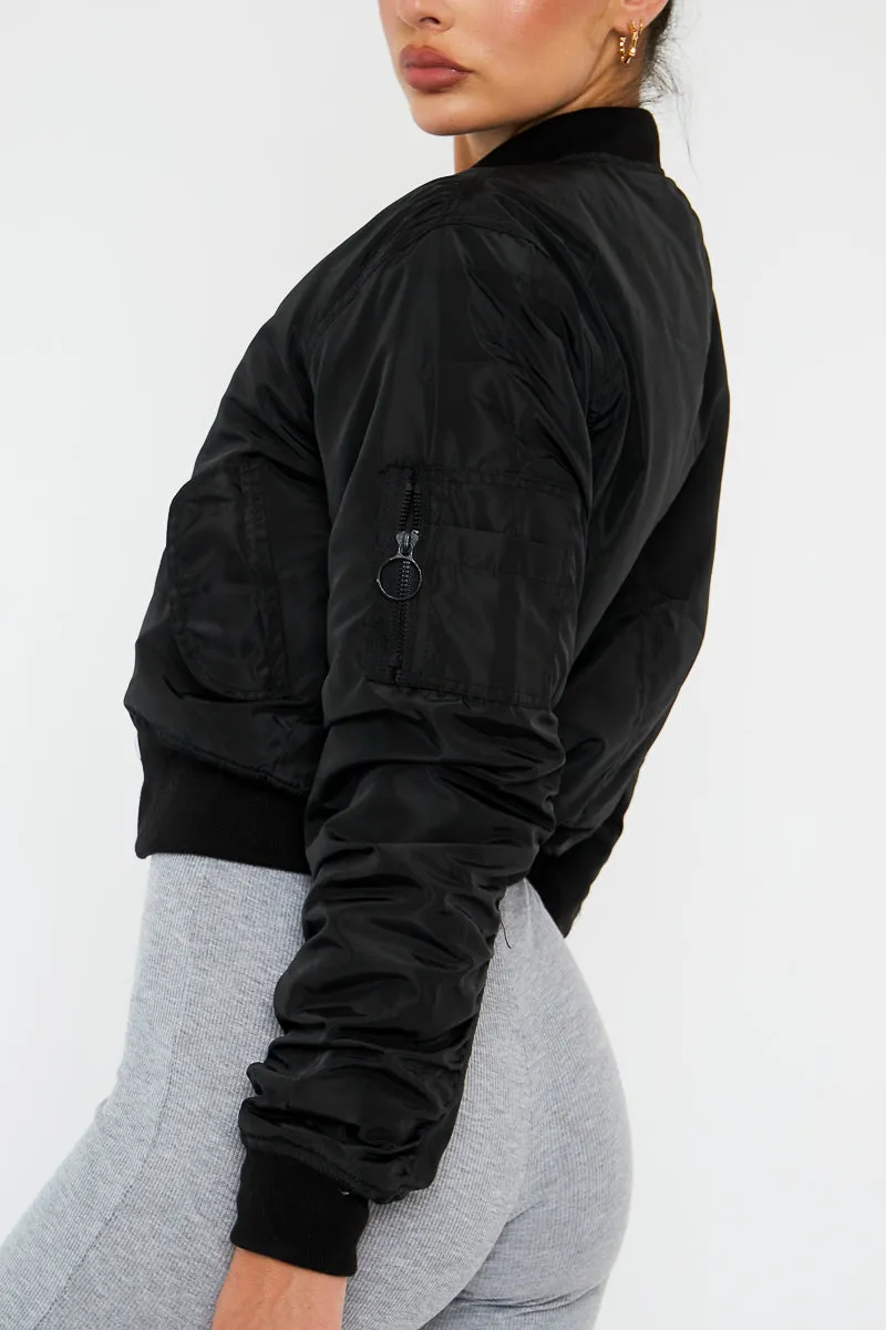 Black Zip Front Bomber Jacket - Jiya