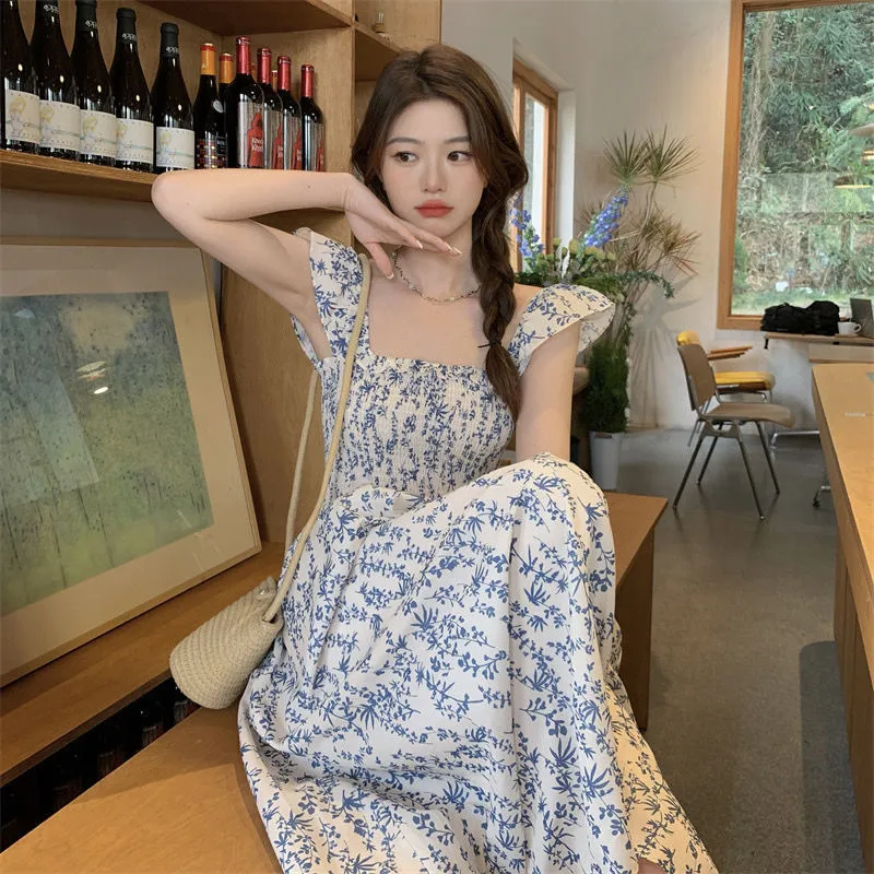 Blue Floral Slip Dress Flying Sleeve Vacation Dress