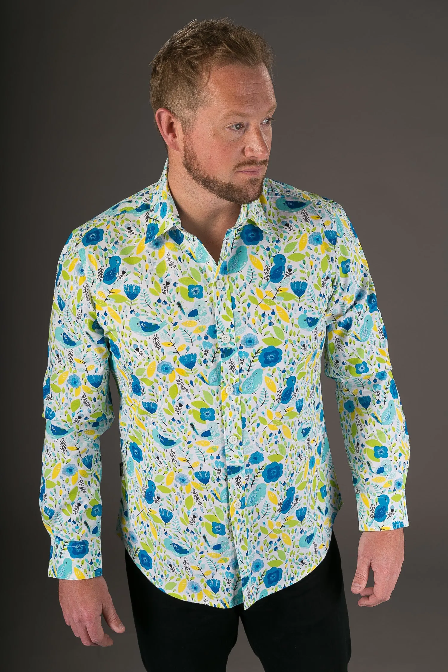 Blue Yellow Birds Floral Print Cotton Slim Fit Mens Shirt Long Sleeve