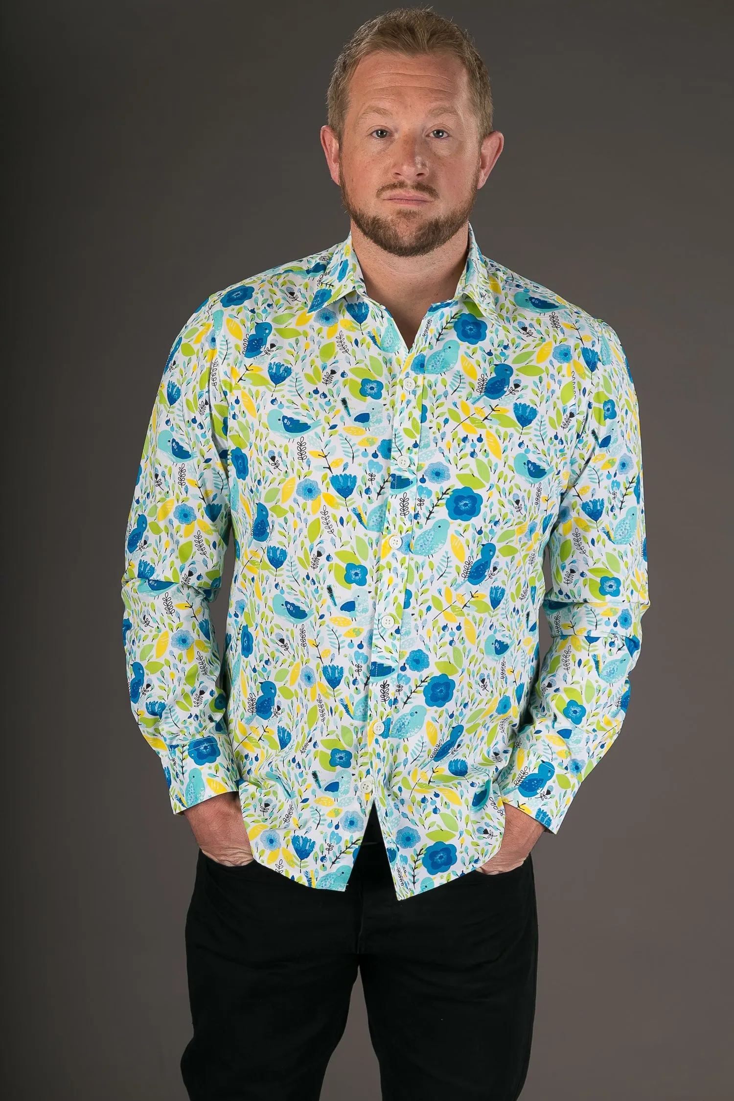 Blue Yellow Birds Floral Print Cotton Slim Fit Mens Shirt Long Sleeve