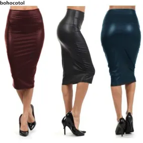 Bohocotol 2017 summer women plus size high-waist faux leather pencil skirt black leather skirt S/M/L/XXXL  free shipping