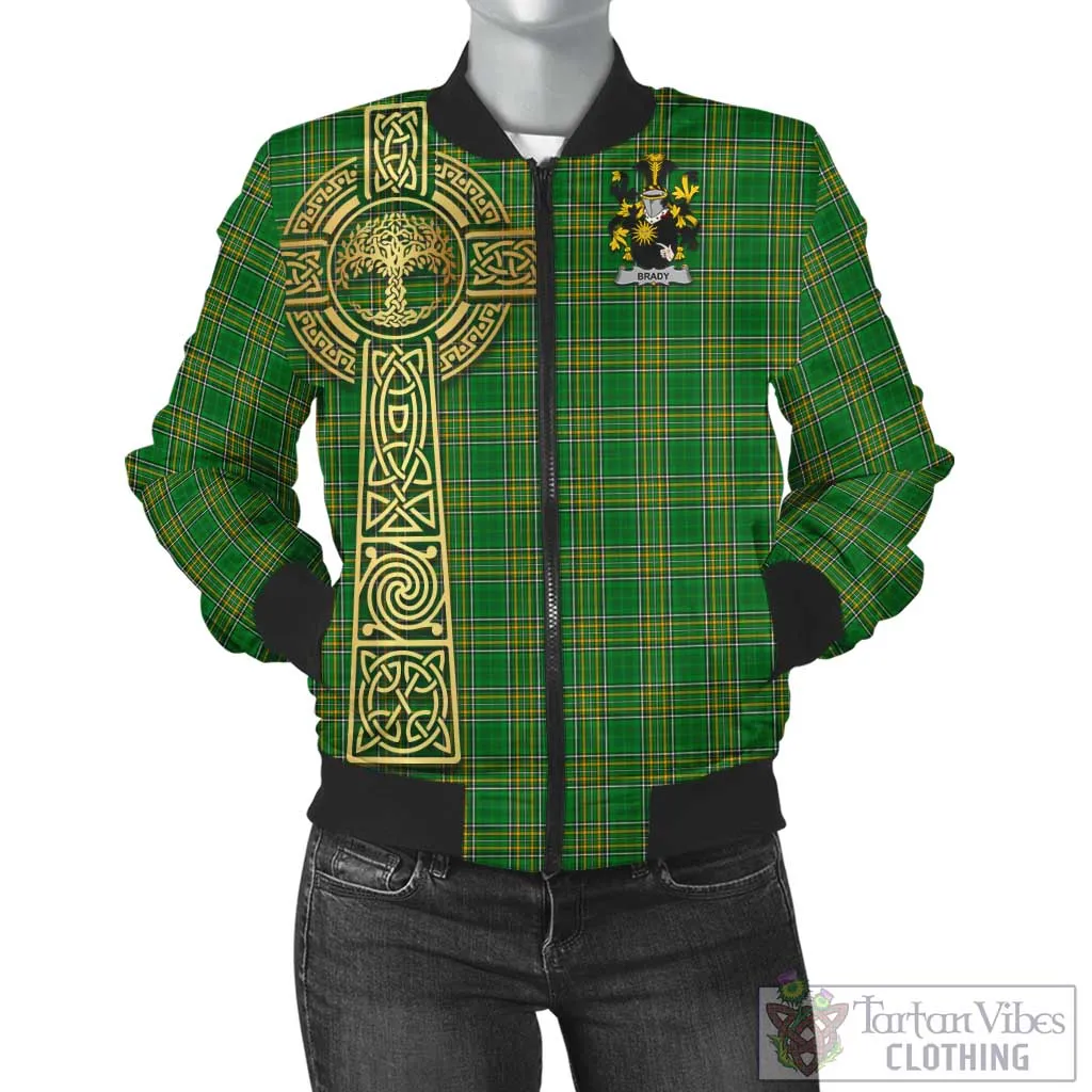 Brady Irish Clan Tartan Bomber Jacket with Coat of Arms Celtic Tree of Life Style