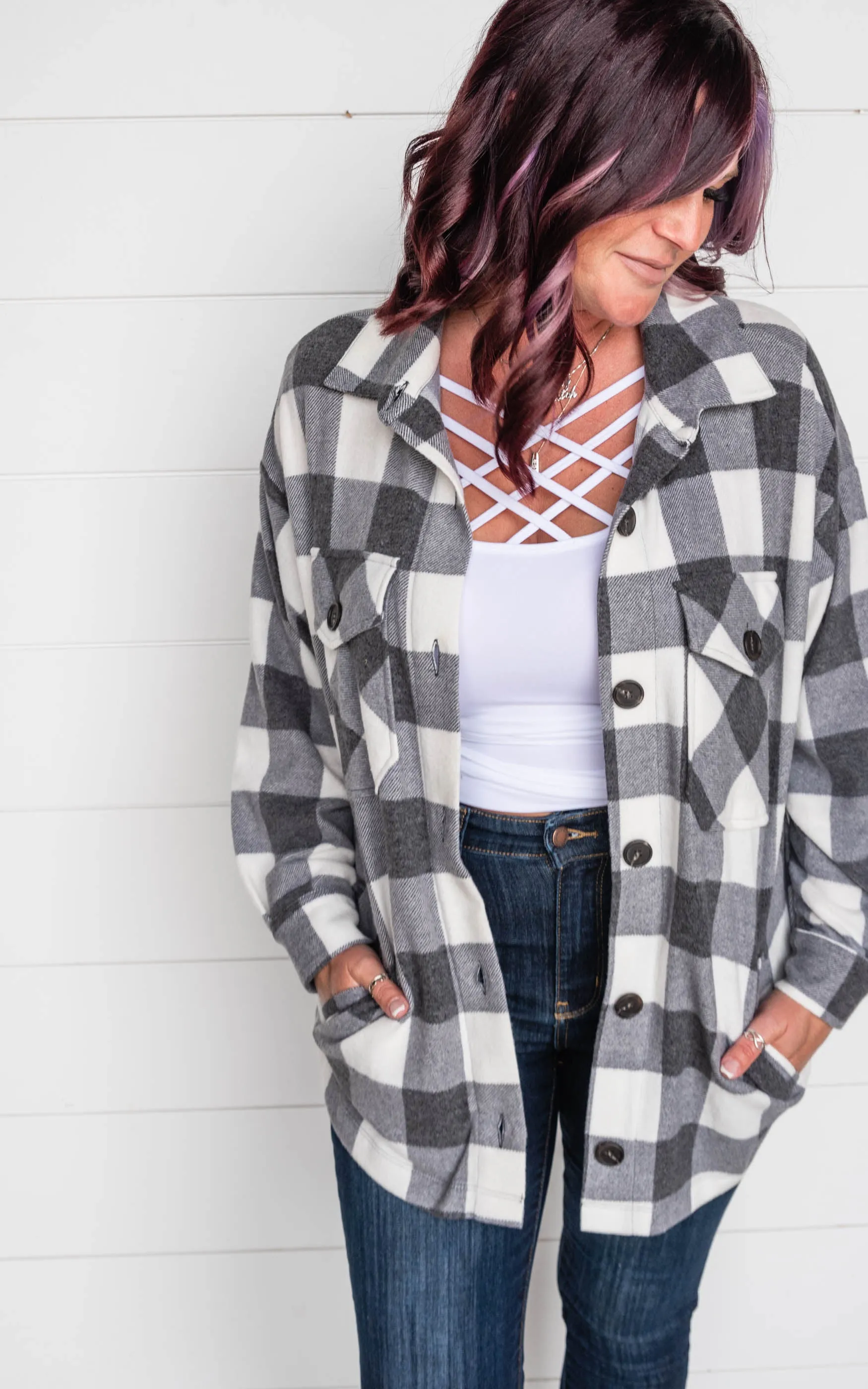 Brushed Buffalo Plaid Top - Off White