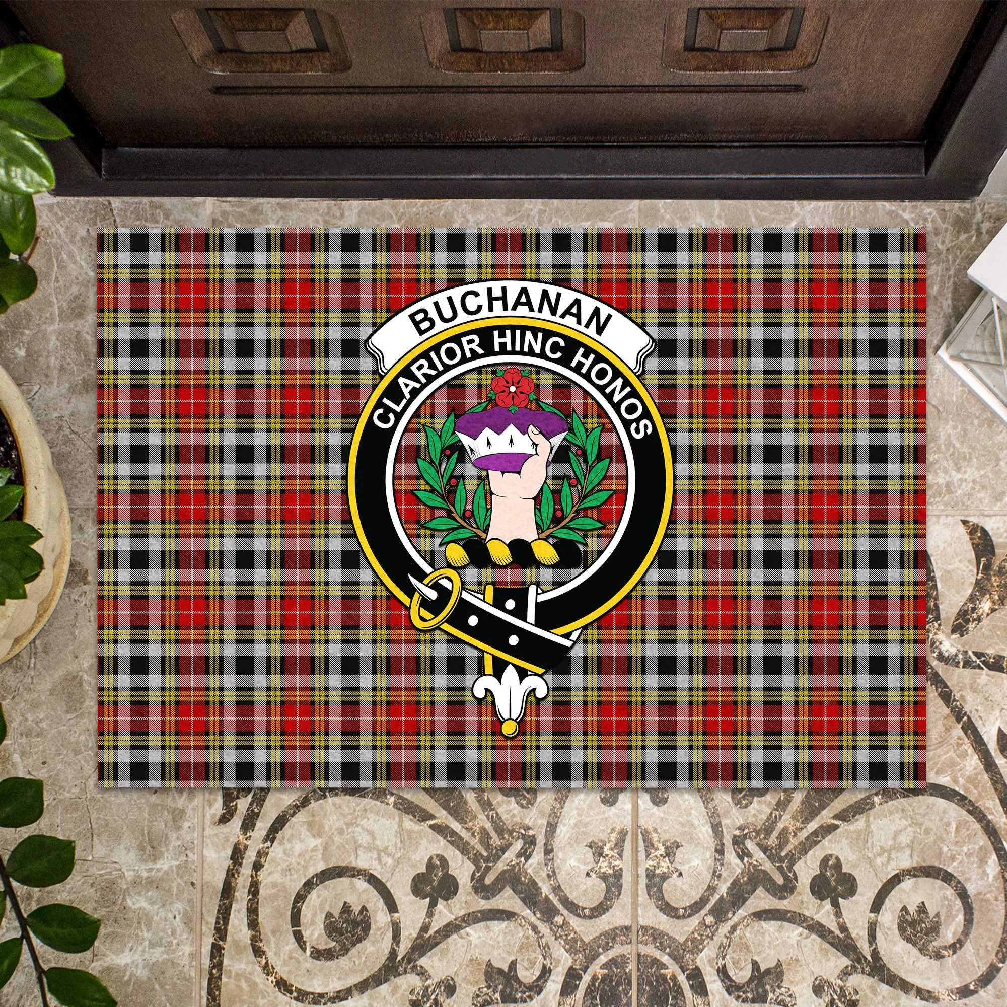 Buchanan Old Dress Tartan Door Mat with Family Crest