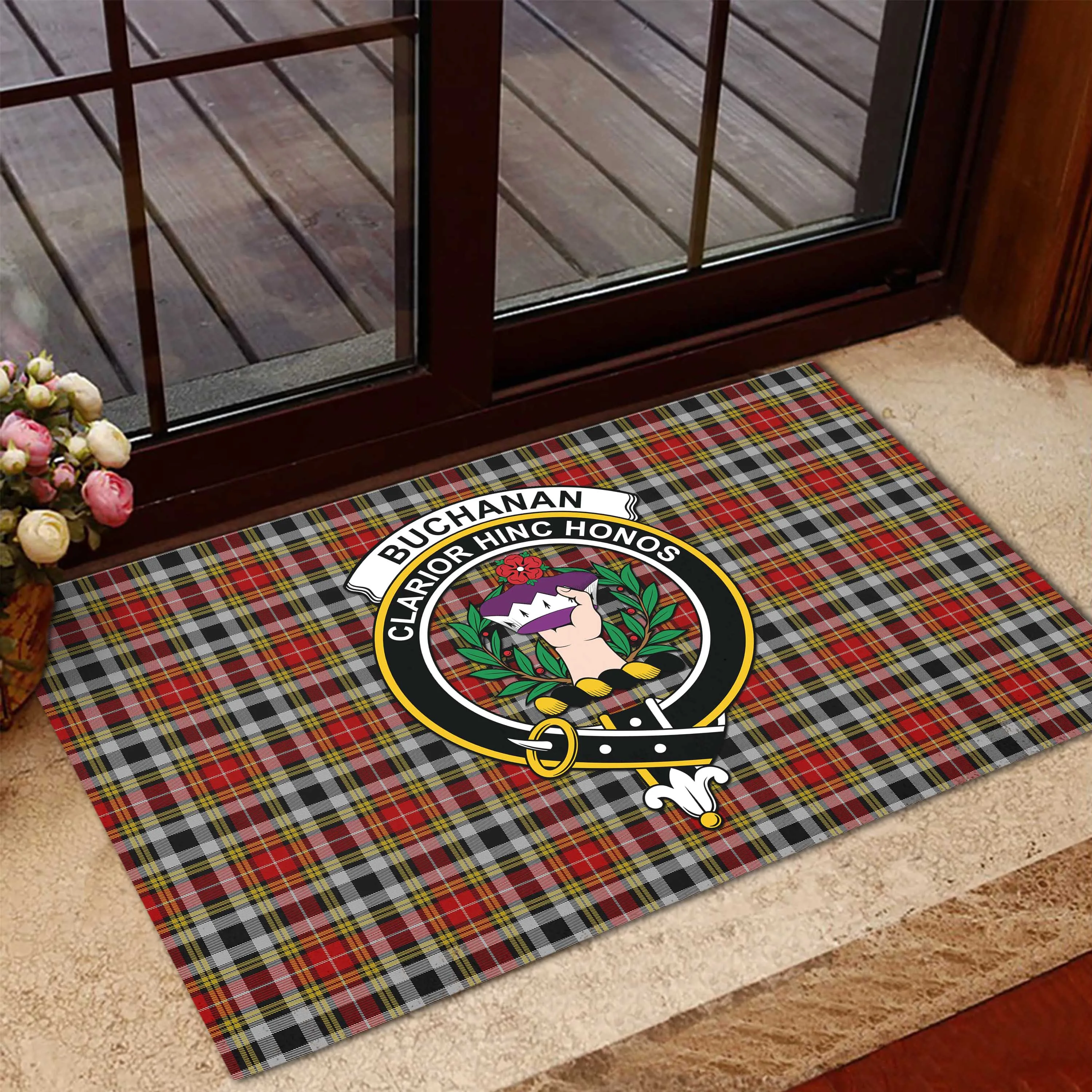 Buchanan Old Dress Tartan Door Mat with Family Crest