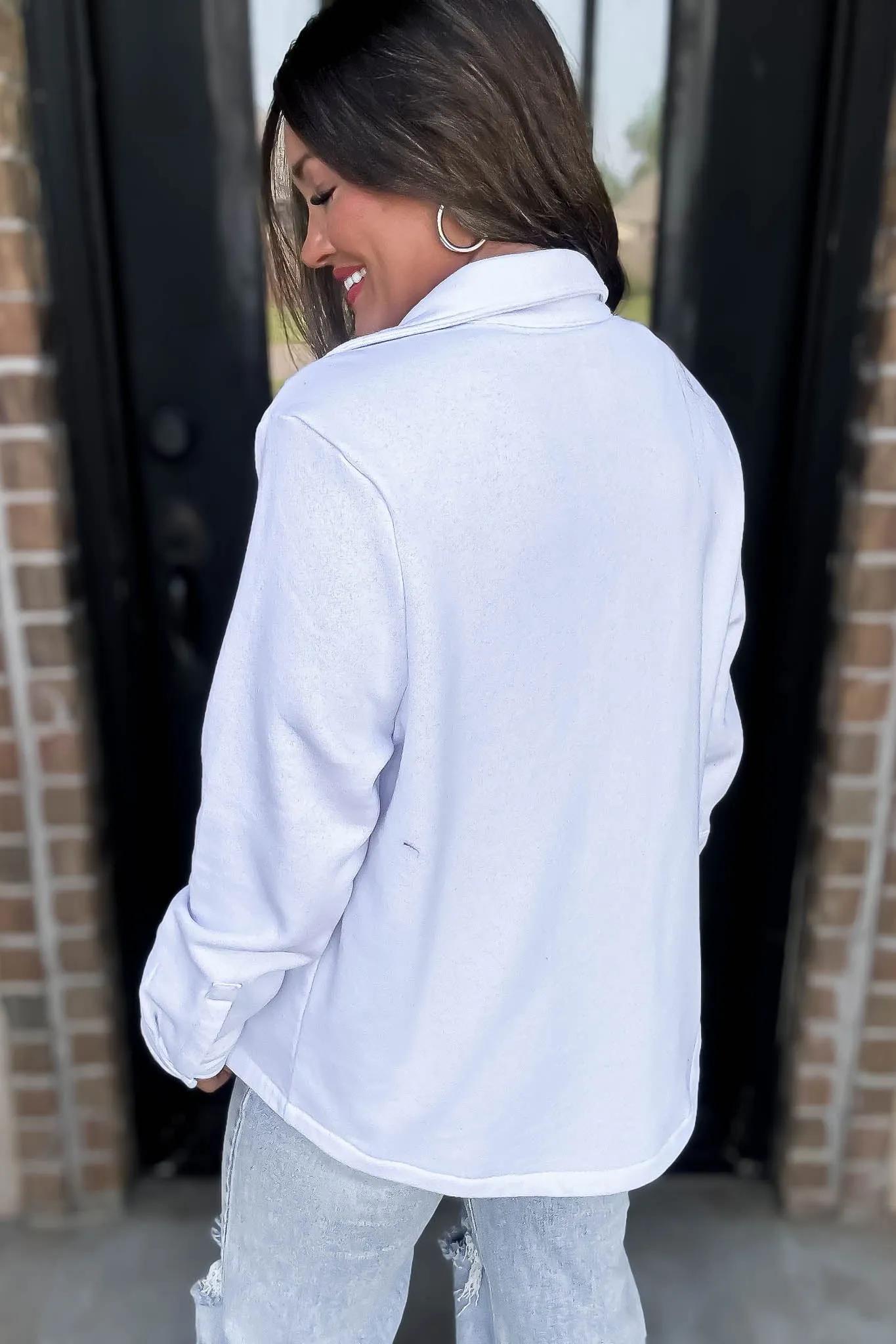 Button Up White Fleece Shirt Jacket