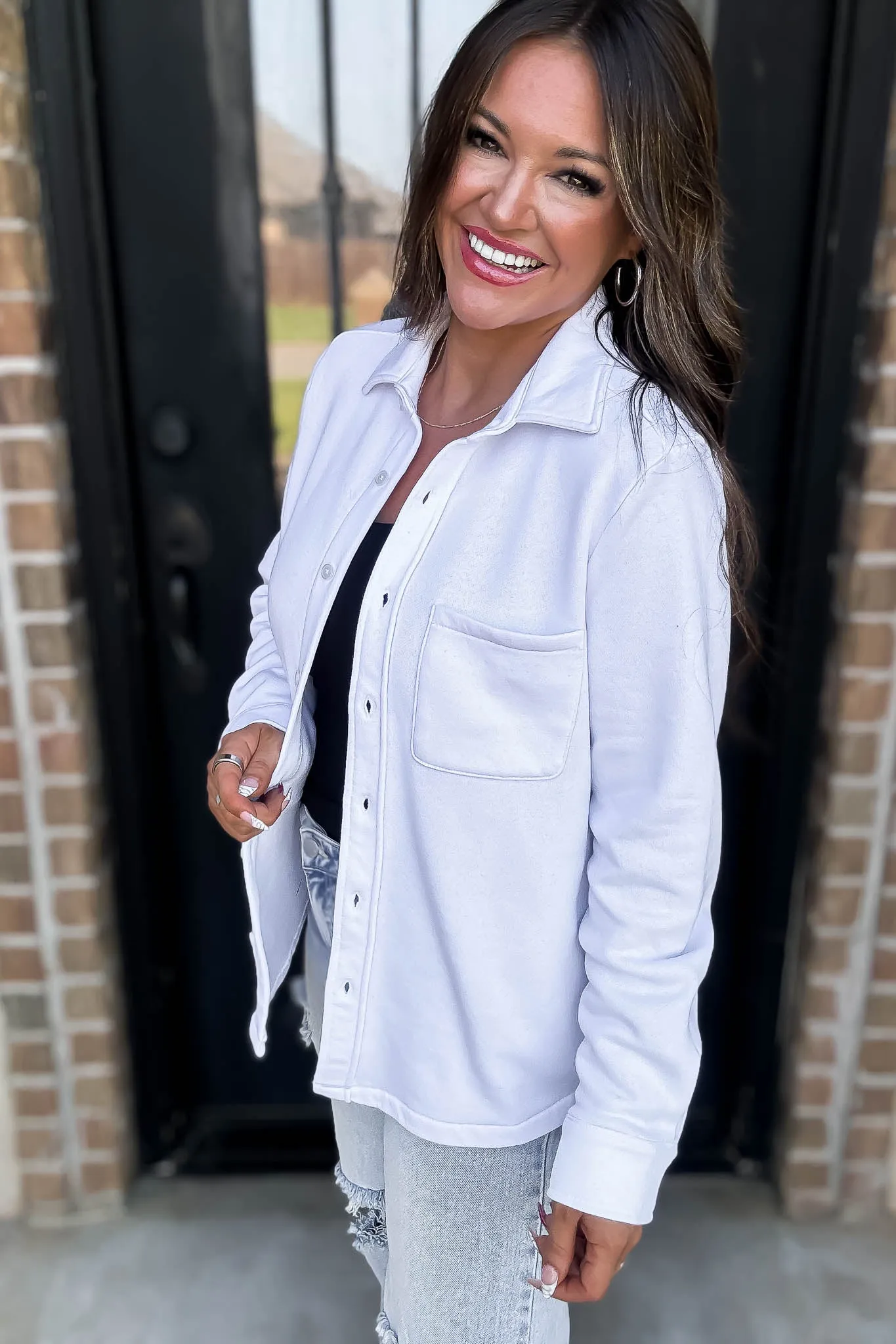 Button Up White Fleece Shirt Jacket