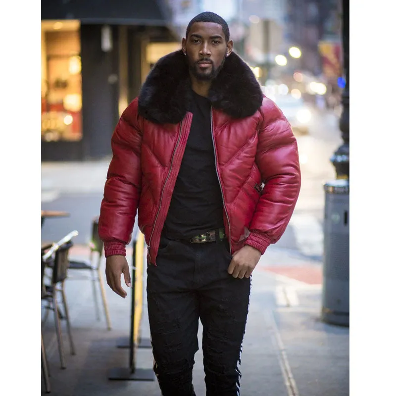 Buy Best Men V-Bomber Leather Red (Black Fur) Jacket For Sale