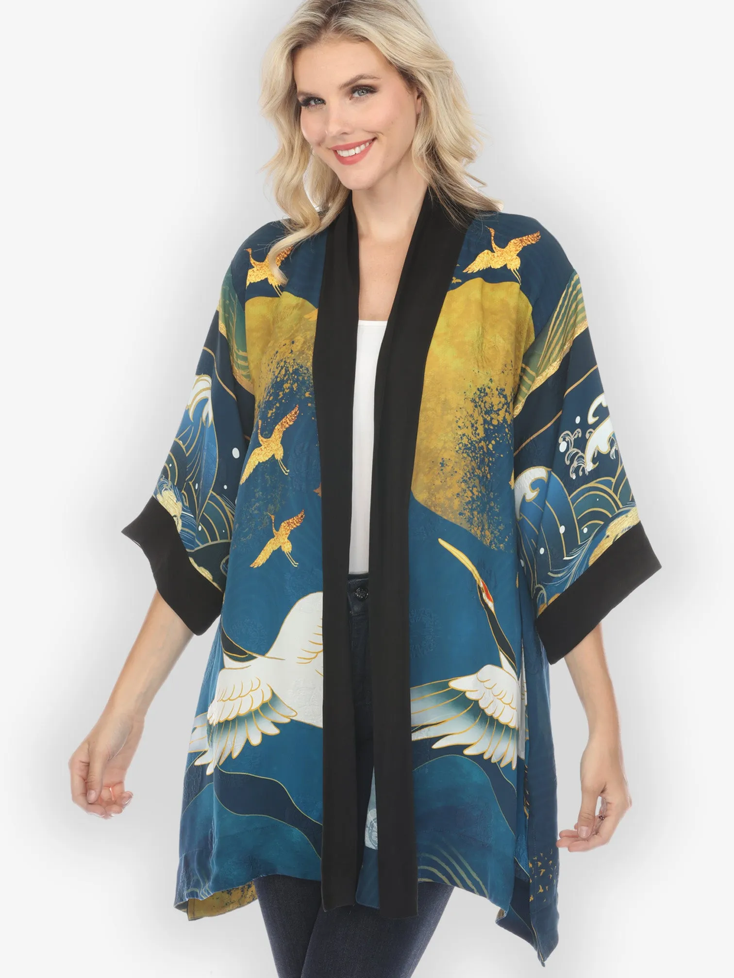 Crane Sky Gold Blue Silk Kimono Jacket