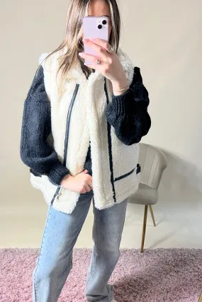 Cream Teddy Bodywarmer with Black PU Accents