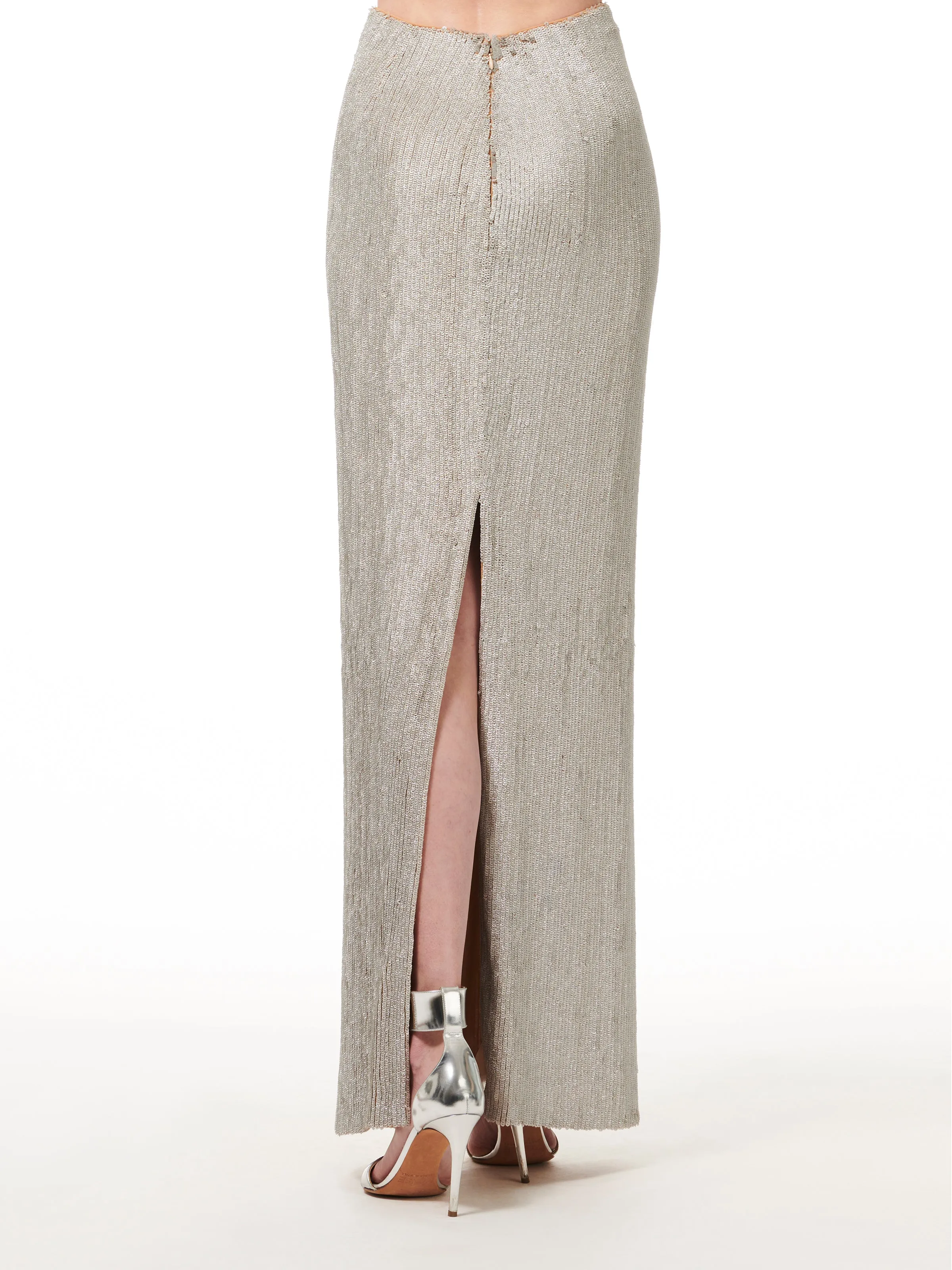 CRYSTALIZED STRETCH SEQUIN SILVER LONG PENCIL SKIRT