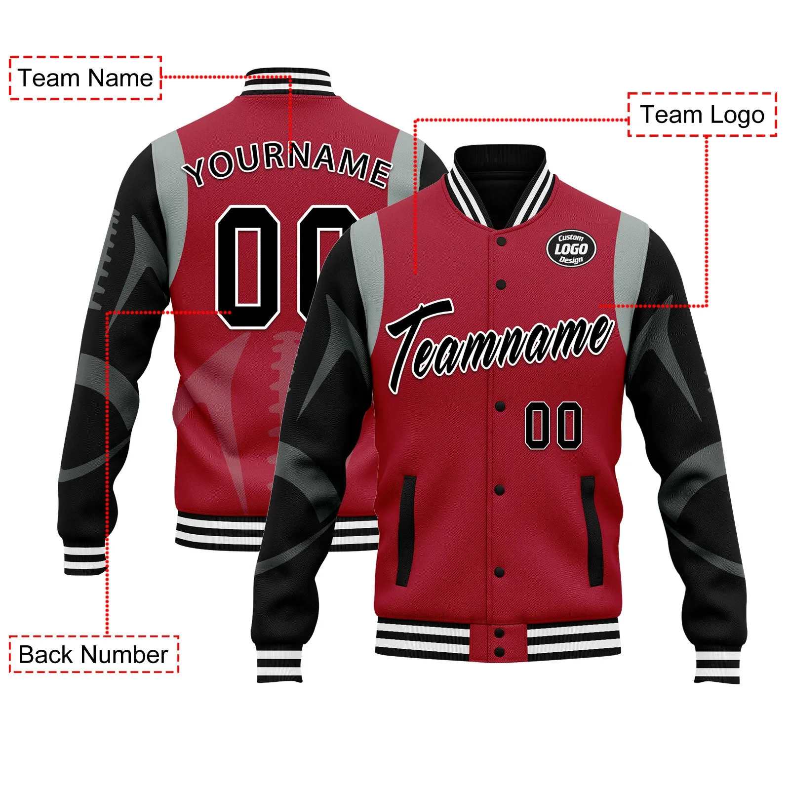 Custom Red Atlanta Jacket Bomber Full-Snap Varsity Letterman Personalized Jacket FZ005-D025004-2