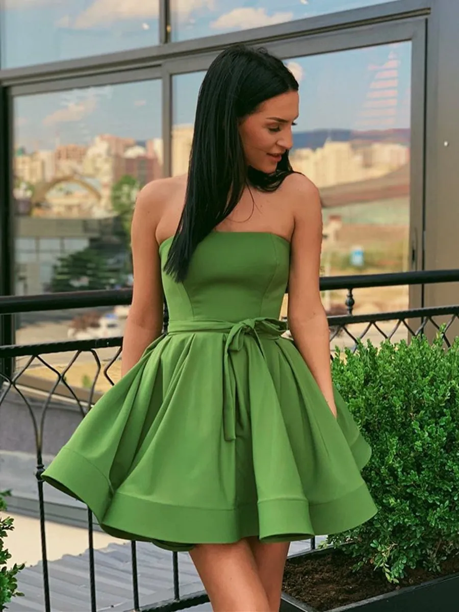 Cute Strapless Green Short Prom Homecoming, Strapless Green Formal Graduation Evening