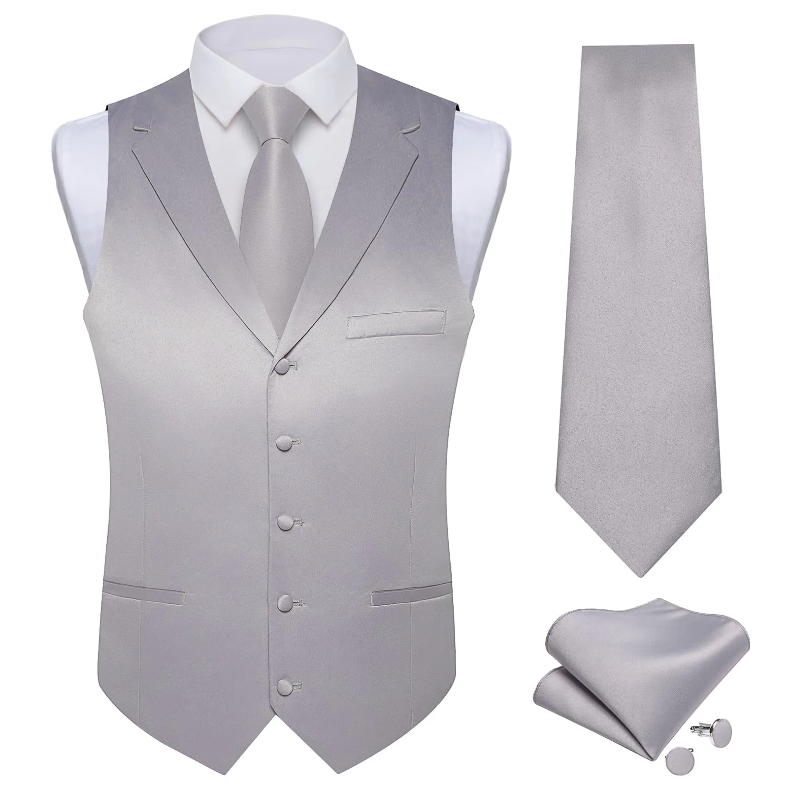 DiBanGu Tuxedo Waistcoat Silver Grey Solid Notched Collar Mens Business Casual Vest