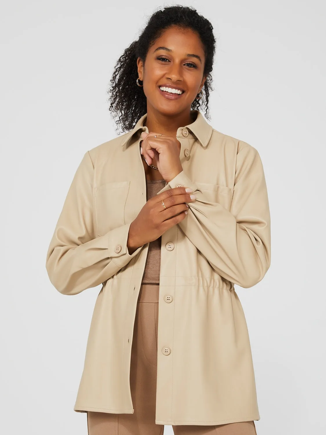 Drawstring Shacket With Front Pockets