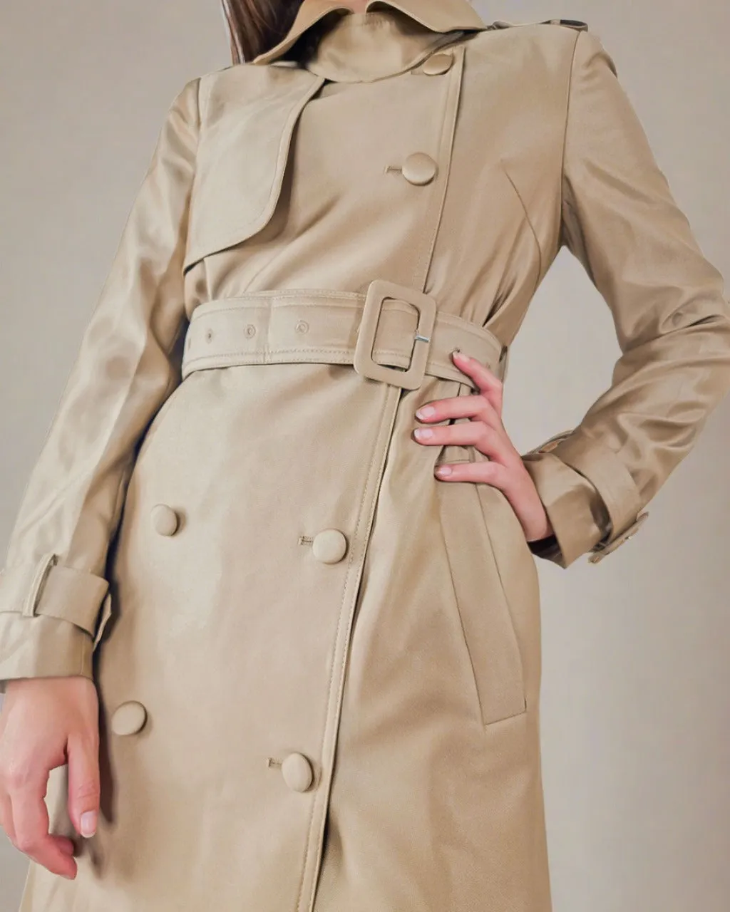 Elora Women Double Breasted Long Trench Coat in Beige