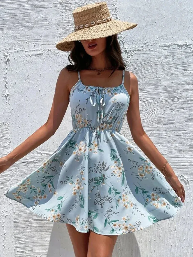 European and American New 2023 Summer Elegant Sleeveless Dress Pullover Print Elastic Waist Strap Short Skirt for Women