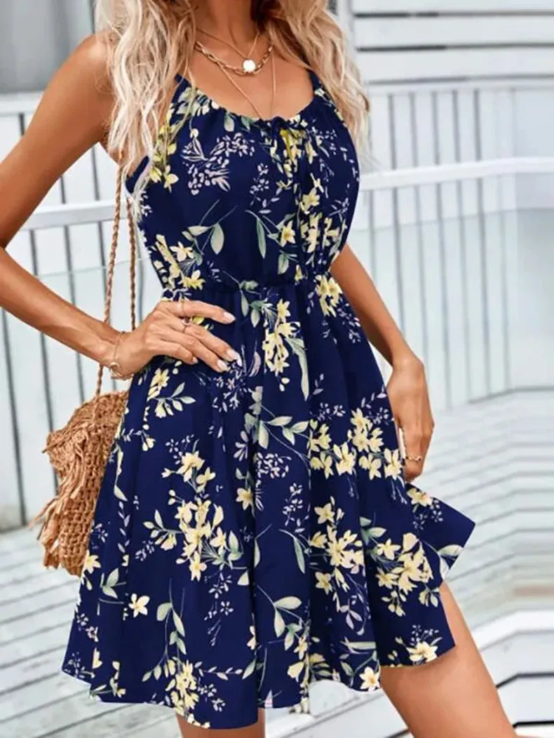 European and American New 2023 Summer Elegant Sleeveless Dress Pullover Print Elastic Waist Strap Short Skirt for Women