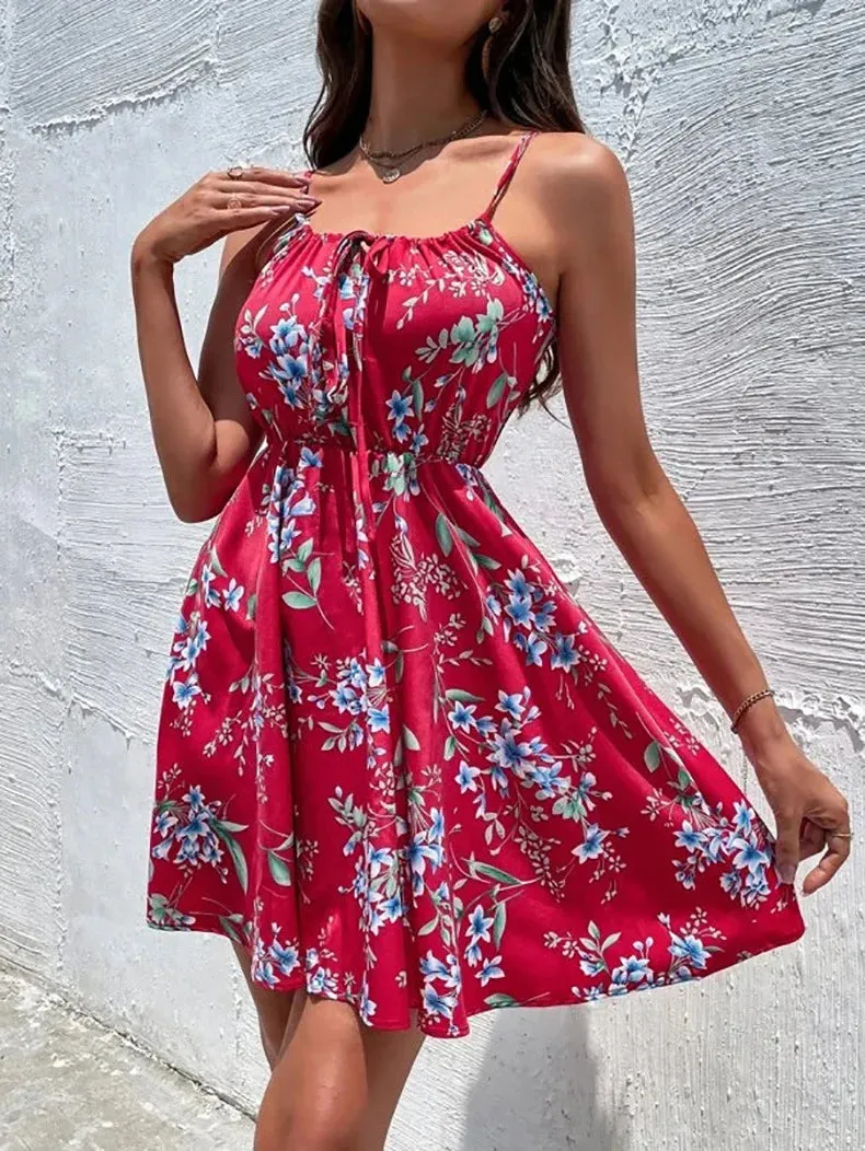 European and American New 2023 Summer Elegant Sleeveless Dress Pullover Print Elastic Waist Strap Short Skirt for Women