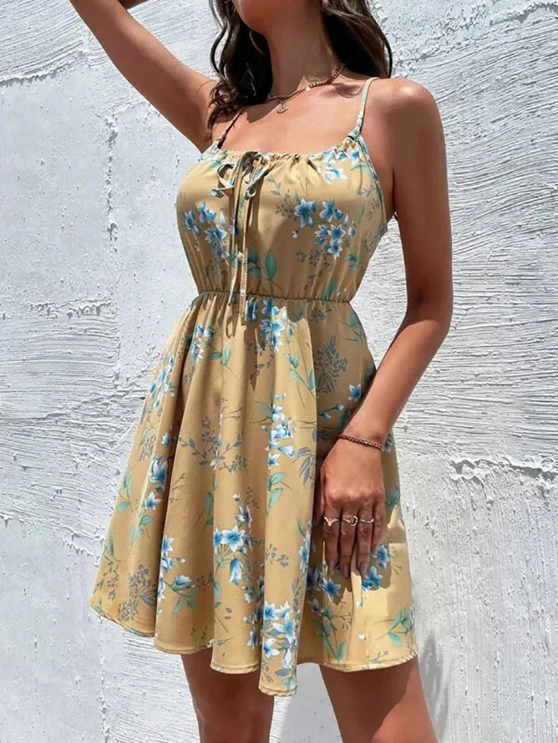 European and American New 2023 Summer Elegant Sleeveless Dress Pullover Print Elastic Waist Strap Short Skirt for Women