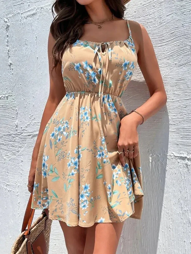 European and American New 2023 Summer Elegant Sleeveless Dress Pullover Print Elastic Waist Strap Short Skirt for Women