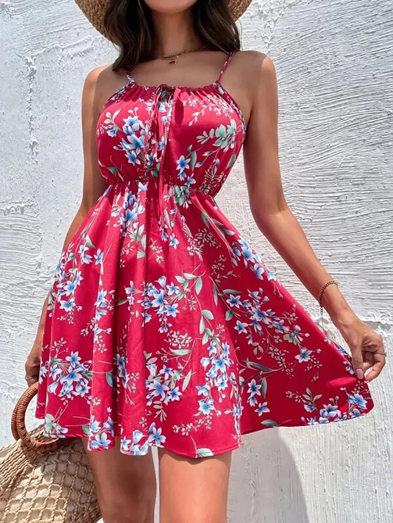 European and American New 2023 Summer Elegant Sleeveless Dress Pullover Print Elastic Waist Strap Short Skirt for Women